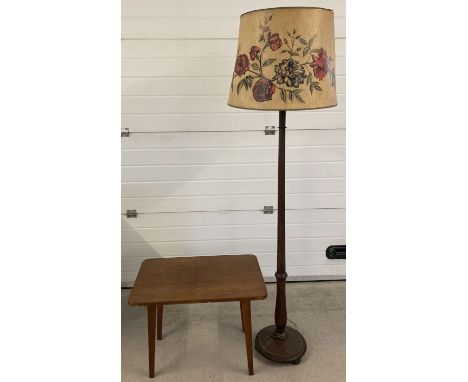 A vintage wooden standard lamp with large floral design paper shade. Together with a vintage wooden small folding side table.