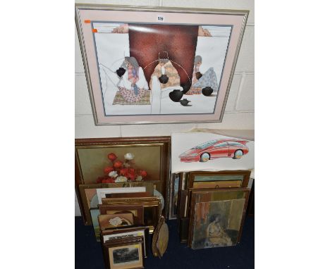 A QUANTITY OF PAINTINGS AND PRINTS ETC, to include unframed oil on board portraits signed W. Ball, painted circa 1970's, larg