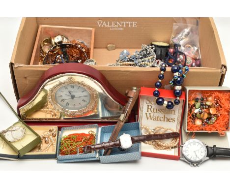 A BOX OF ASSORTED ITEMS, to include an assortment of costume jewellery, a mantle clock, a small dagger, small amount of coina