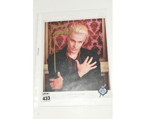 A SIGNED 10 X 8 PROMOTIONAL PHOTOGRAPH OF JAMES MARSTERS SPIKE IN BUFFY, portrait orientation, signed in a think gold marker,