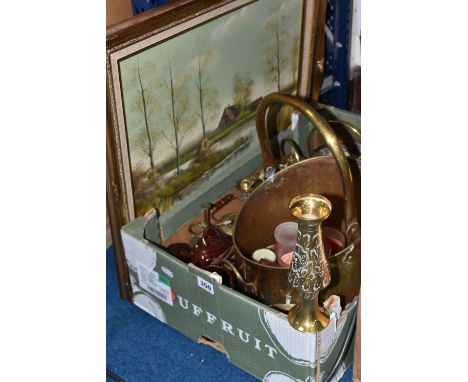 A BOX OF BRASSWARE AND LOOSE PAINTINGS ETC to include a quantity of brass wares to include a teapot, two deer ornaments, a sm