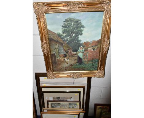 A SMALL QUANTITY PICTURES AND PRINTS, to include a T. Caine modern genre scene of a female farm worker in a farmyard with cat