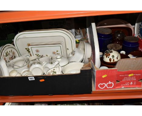 FIVE BOXES OF CERAMICS AND GLASSWARE, to include a Marks &amp; Spencer 'Autumn Leaves', three navy blue Hornsea 'Heirloom' de