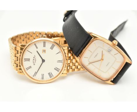 TWO WRISTWATCHES, the first a gents 'Rotary' quartz movement, fitted with a gold plated bracelet and butterfly clasp, the sec