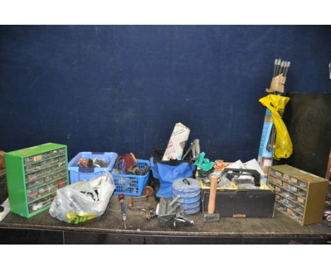 THREE BOXES AND A BAG CONTAINING TOOLS AND HARDWARE including a vice, screws, hooks, a set of chimney sweep poles, a Stanley 