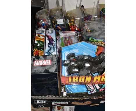 A QUANTITY OF MARVEL COLLECTABLE ACTION FIGURES, to include six blister packs, an Iron Man, a Hawkeye, a Wolverine, and a Spi