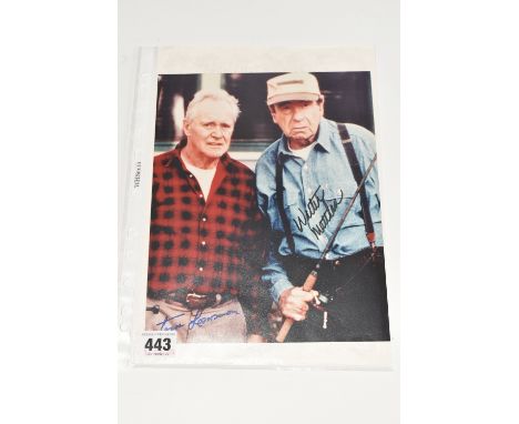 A SIGNED 10 X 8 COLOUR PHOTOGRAPH OF WALTER MATTHAU AND JACK LEMMON, portrait orientation, Lemmon signed in blue marker, Matt