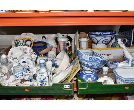 FOUR BOXES OF MOSTLY BLUE AND WHITE CERAMICS to include a group of Delft ceramics comprising souvenir shoes, decorative plate