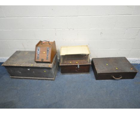 A TOOL CHEST, with a hinged lid and twin metal handles, width 95cm x depth 49cm x height 39cm, a purdonium, a folding tray ta