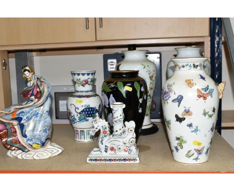 A GROUP OF SEVEN LARGE FRANKLIN MINT PORCELAIN ORNAMENTS to include five vases comprising the vase of fragrant Orchid designe