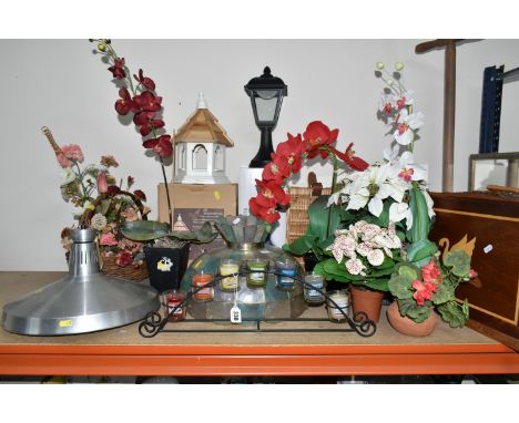A GROUP OF MISCELLANEOUS SUNDRIES, comprising a copper wash 'Dolly', two wicker picnic hampers, artificial flowers, a metal c