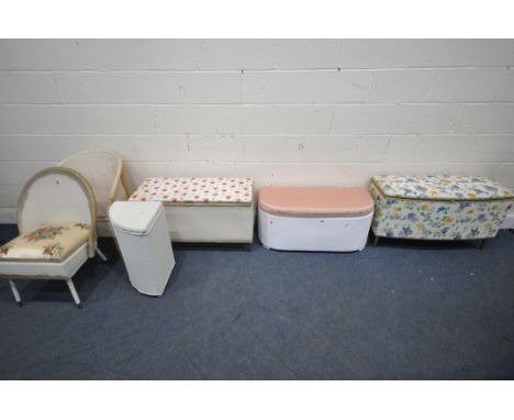 A SELECTION OF PAINTED WICKER OCCASIONAL FURNITURE, to include two ottomans, a corner linen basket, a commode, a chair, along