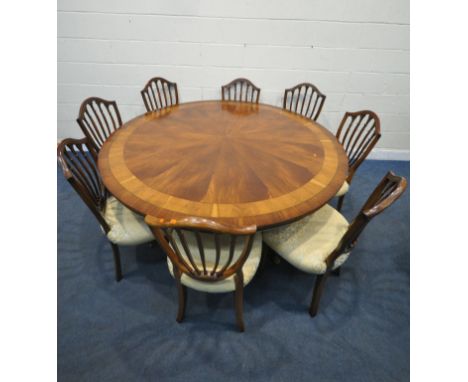 POSSIBLY REPRODUX, A LARGE CIRCULAR MAHOGANY TABLE, with yew wood inlay, raised on a single pedestal base, with four turned s