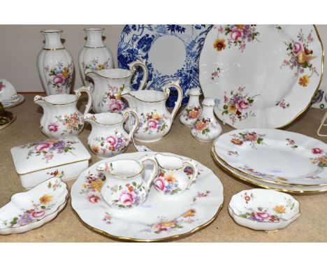 A GROUP OF ROYAL CROWN DERBY 'DERBY POSIES' ORNAMENTAL WARES, comprising a pair of vases, six milk jugs in descending sizes, 