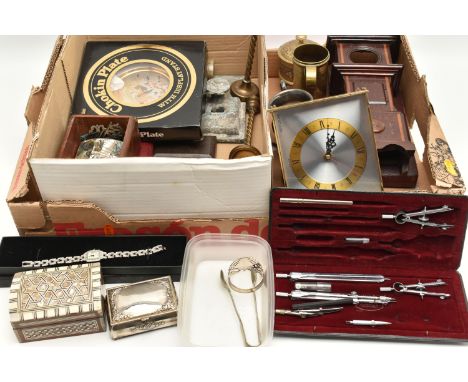 A BOX OF ASSORTED ITEMS, to include a mantle clock, a chokin plate, a pair of candle sticks, tankards, trinket boxes, tools, 
