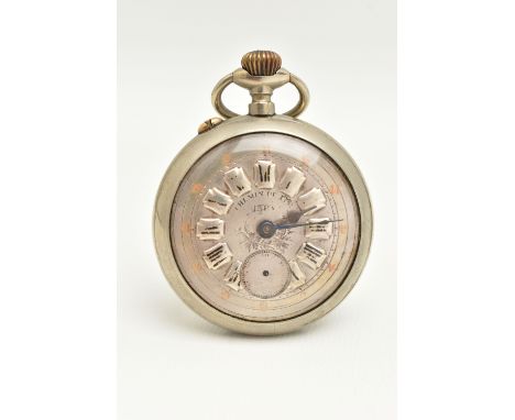AN OPEN FACE POCKET WATCH, hand wound movement, round silver tone dial, signed 'Chemin De Fer', worn Roman numerals, subsidia
