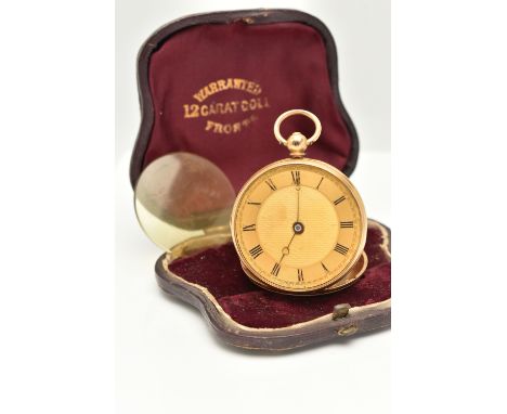 A MID VICTORIAN 18CT GOLD OPEN FACE POCKET WATCH, key wound movement, round gilt dial, Roman numerals, yellow gold case, appr