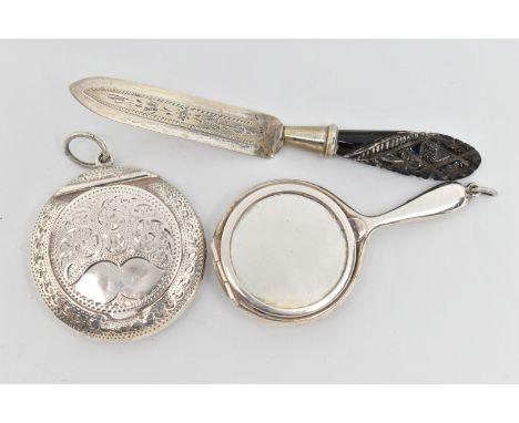 A SMALL ASSORTMENT OF SILVER, to include a silver compact, together with a powder puff, hallmarked 'Deakin &amp; Francis' Bir
