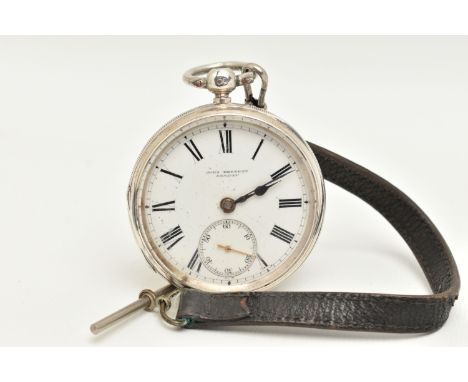 A SILVER CASED OPEN FACE POCKET WATCH, hand wound movement, round white dial signed 'John Bennett London', Roman numerals, su