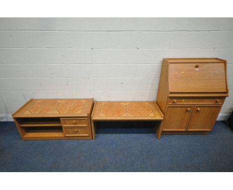 A LATE 20TH CENTURY BUREAU, the fall front door enclosing a fitted interior, above a single drawer and double cupboard doors,