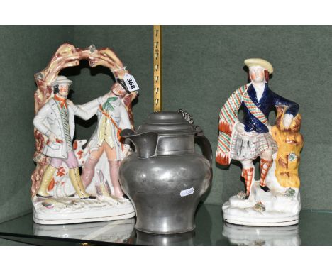 A GROUP OF STAFFORDSHIRE FLATBACK FIGURES AND A PEWTER ALE JUG, the pewter ale jug is engraved 'H. J. Le Pipre, Kings Arms, S