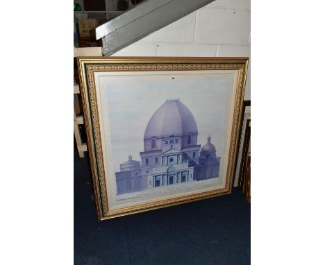 A LARGE DECORATIVE PRINT DEPICTING THE BASILICA OF St LAWRENCE IN ITALY, print size 92cm x 92cm, approximate frame size 127cm