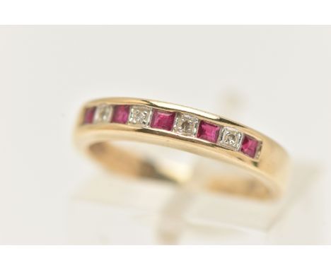 A 9CT GOLD RUBY AND DIAMOND NINE STONE RING, designed as five square cut rubies interspaced by single cut diamonds, 9ct hallm