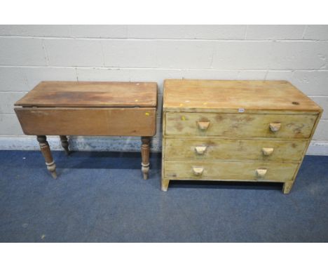 A PINE CHEST OF THREE LONG DRAWERS, raised on bracket feet, width 103cm x depth 54cm x height 77cm, along with a 19th century