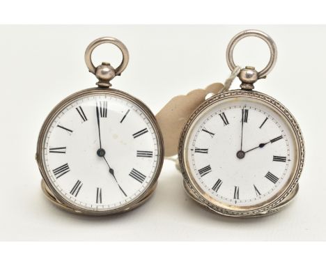 TWO OPEN FACE POCKET WATCHES, the first a ladies key wound movement, Roman numerals, floral etched detail to case, approximat