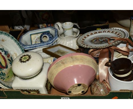 THREE BOXES OF CERAMICS, GLASS, AND MISCELLANEOUS ITEMS to include nine JAJ Pyrex in Chelsea and June Rose patterns, a quanti