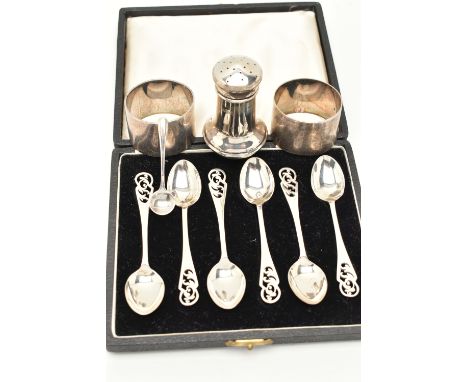 AN ASSORTMENT OF SILVER, to include a cased set of six teaspoons, hallmarked 'D N H &amp; S' Sheffield 1950, a pepperette, ha