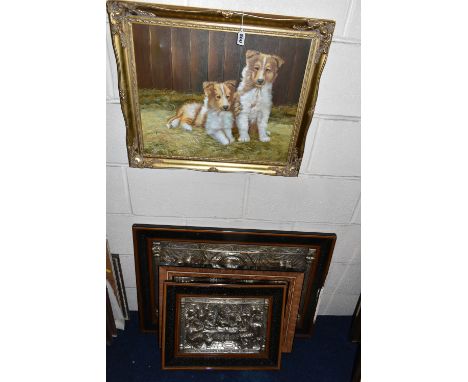 A OIL ON CANVAS PORTRAIT OF TWO DOGS, SIGNED HARRIS BOTTOM RIGHT, approximate size 39cm x 49cm, together with three religious