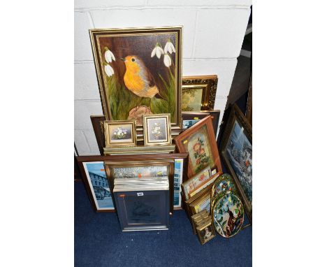 A QUANTITY OF PICTURES AND PRINTS ETC, to include two modern oil on board miniature still life flower studies, both signed Al