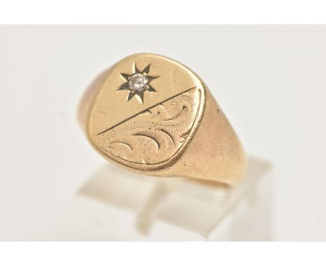 A GENTS 9CT GOLD SIGNET RING, of a rounded form detailed with a foliate pattern and a star set round brilliant cut diamond, t
