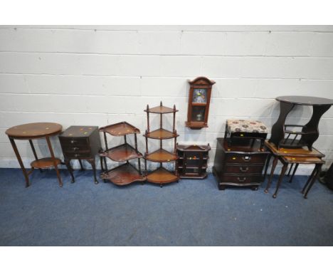 A LARGE SELECTION OF OCCASIONAL FURNITURE, to include a small serpentine chest of three drawers, width 52cm x depth 39cm x he