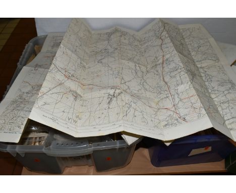 TWO BOXES OF VINTAGE AND ANTIQUE MAPS, to include Ordnance Survey One-Inch, Contoured Road, Geological Survey, Town, District