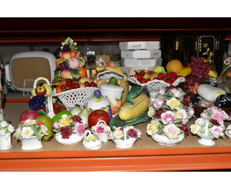A LARGE QUANTITY OF PORCELAIN FLOWERS AND FRUIT, together with three circular 'Barbola' mirrors, comprising a wall hanging mi