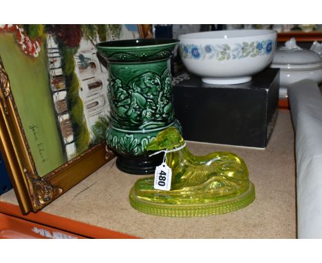 A VICTORIAN URANIUM GLASS GREYHOUND, CERAMICS, A PICTURE AND A POSTER, the greyhound by John Derbyshire (chipped nose, small 