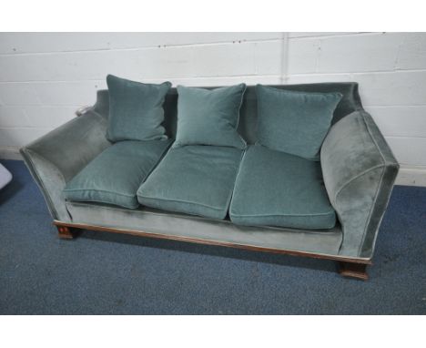 AN EARLY 20TH CENTURY DROP END SOFA, with blue upholstery (condition report: cushions apear later, marks, scuffs, discolourat