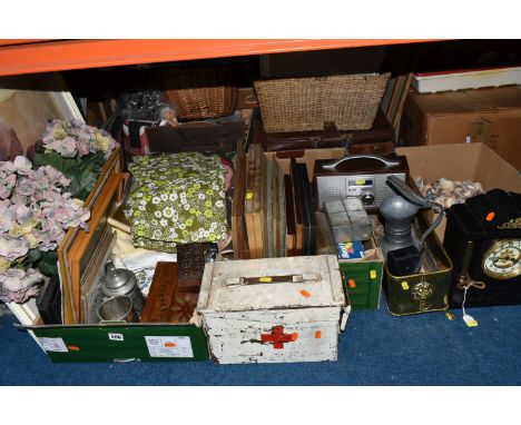 THREE BOXES AND LOOSE MISCELLANEOUS SUNDRIES, to include a large collection of seashells, a pewter pitcher, brass planter, fr