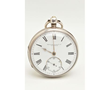 A SILVER CASED POCKET WATCH, key wound movement, round white dial signed 'Stewart Dawson &amp; Co Liverpool', Roman numerals,