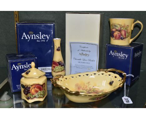 FOUR BOXED PIECES OF AYNSLEY 'ORCHARD GOLD' GIFTWARE, comprising a limited edition Chantille Lace basket, with certificate nu