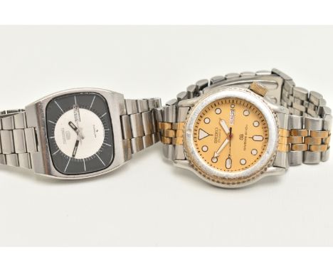 TWO WRISTWATCHES, the first an automatic movement, rectangular dial, signed 'Seiko 5', baton markers, day date aperture at th
