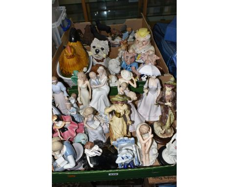 THREE BOXES OF CERAMIC FIGURES, ETC, to include four Wade Nat West piggy banks, a Sylvac rabbit no 1026 (sd), assorted figuri