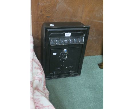 A WALLMOUNTED POST BOX with cast iron letter flap and hinge door 47cm X 31cm X 21cm