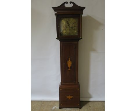 A GEORGIAN STYLE MAHOGANY FRAMED LONG CASE CLOCK, the broken scrolled pediment above the glazed case revealing brass dial bla