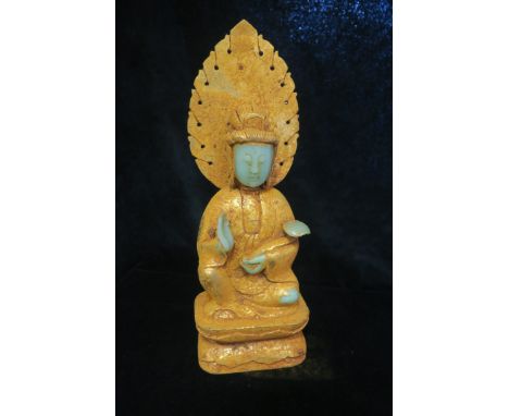A JADE GOLD PAINTED FIGURE OF AN ORIENTAL GOD,30cms high.