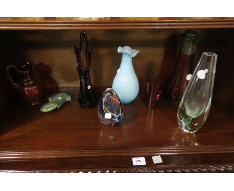 A MISCELLANOUS COLLECTION OF GLASSWARE, including  ruby glass jug with clear glass handle, a coloured glass paperweight, a gr