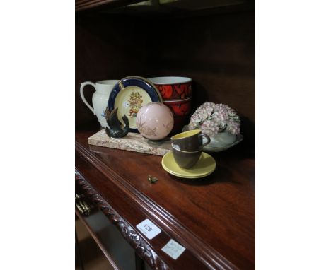 A MISCELLANEOUS COLLECTION, including, a pair of orange and red "Poole" pottery circular bowls, a "Wedgewood" blue and white 