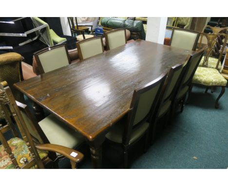 A MAHOGANY COMPOSITE DINING ROOM SUITE, comprising of a rectangular table on ring turned supports, together with a set of six